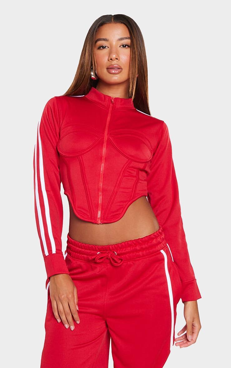  Red Stripe Sleeve Corset Detail Crop Zip Sweatshirt Product Image