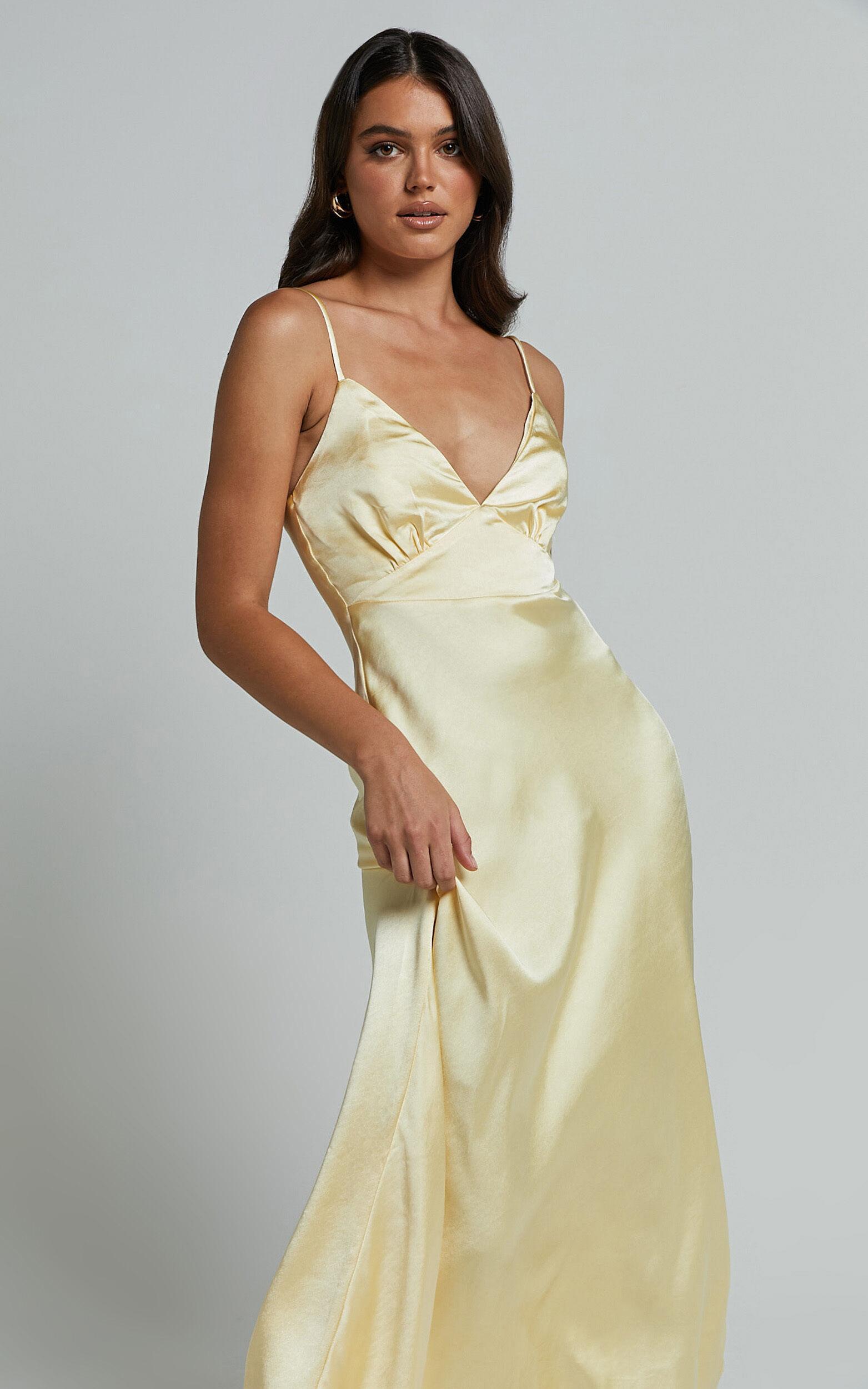 Lorenzia Maxi Dress - Plunge Corset Underbust Detail Satin Dress in Lemon Product Image