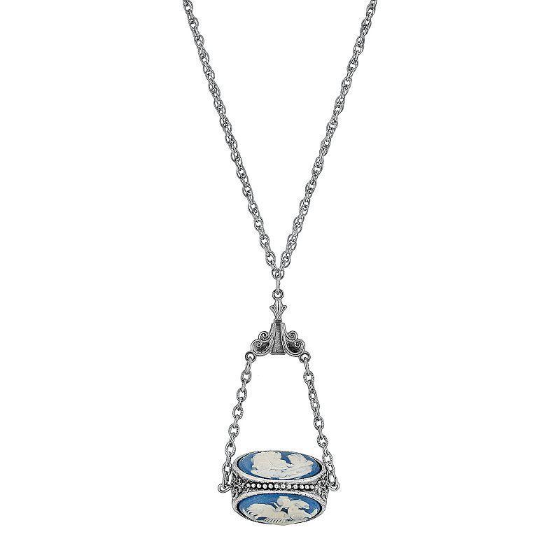 1928 Silver Tone Blue Cameo Spinner Necklace, Womens Product Image