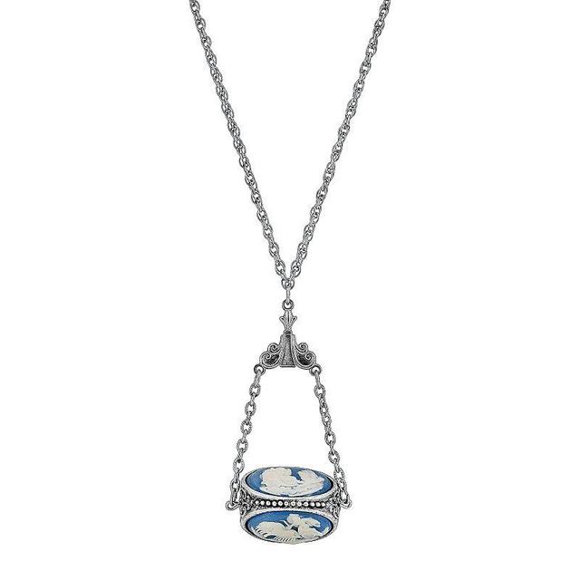 1928 Silver Tone Blue Cameo Spinner Necklace, Womens Product Image