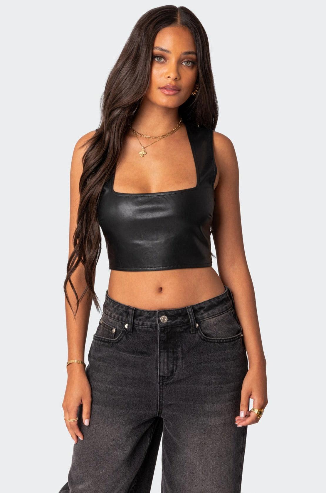 Crescent Faux Leather Crop Top Product Image