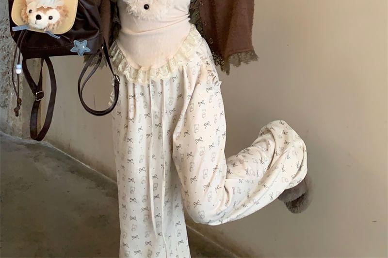 Plain Lace Trim Cardigan / Dog Embroidered Camisole Top / Drawstring Waist Bow Print Wide Leg Pants Product Image