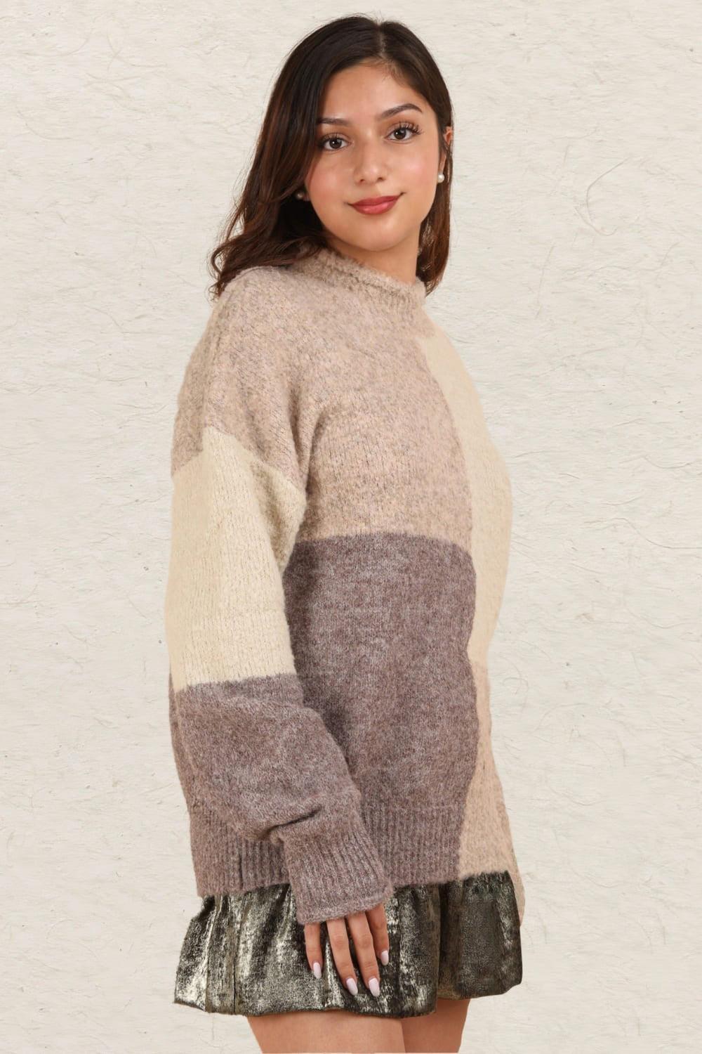 VERY J Color Block Mock Neck Drop Shoulder Sweater Product Image