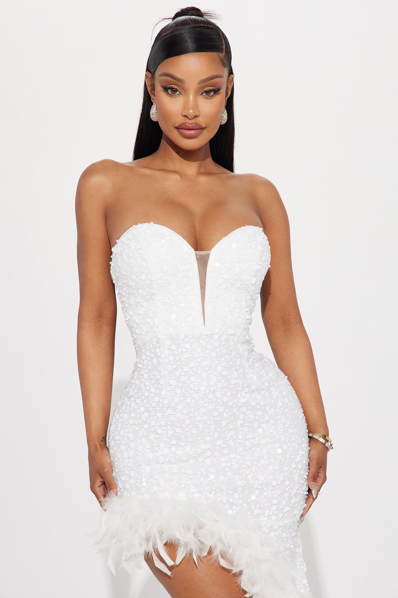 Sweetheart Sequin Feathered Maxi Dress - White Product Image