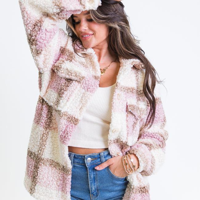 Beloved Memories Pink Plaid Sherpa Shacket product image