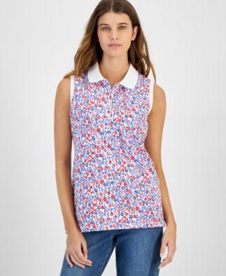 Tommy Hilfiger Womens Floral Print Sleeveless Polo Shirt - Brtwht Product Image