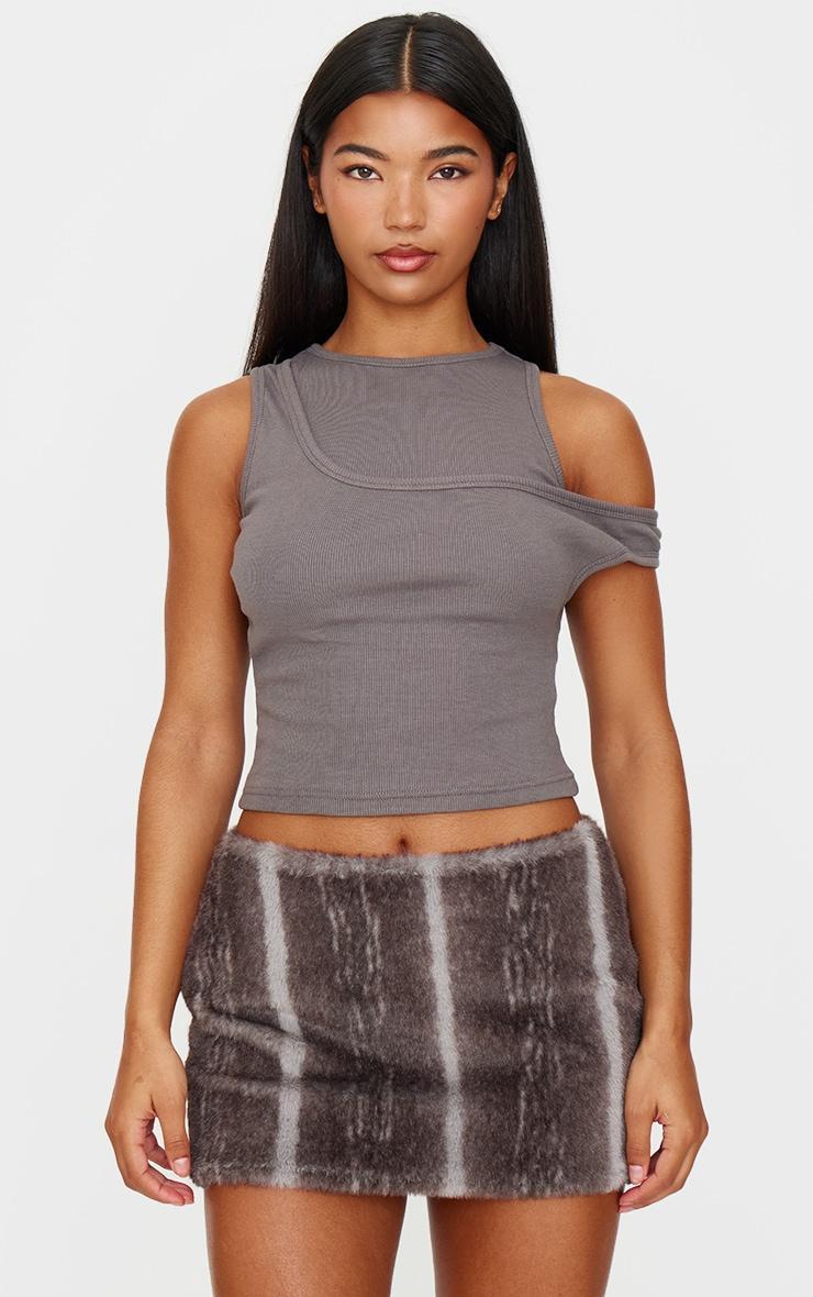 Dark Grey Ribbed Asymmetric Vest Top Product Image