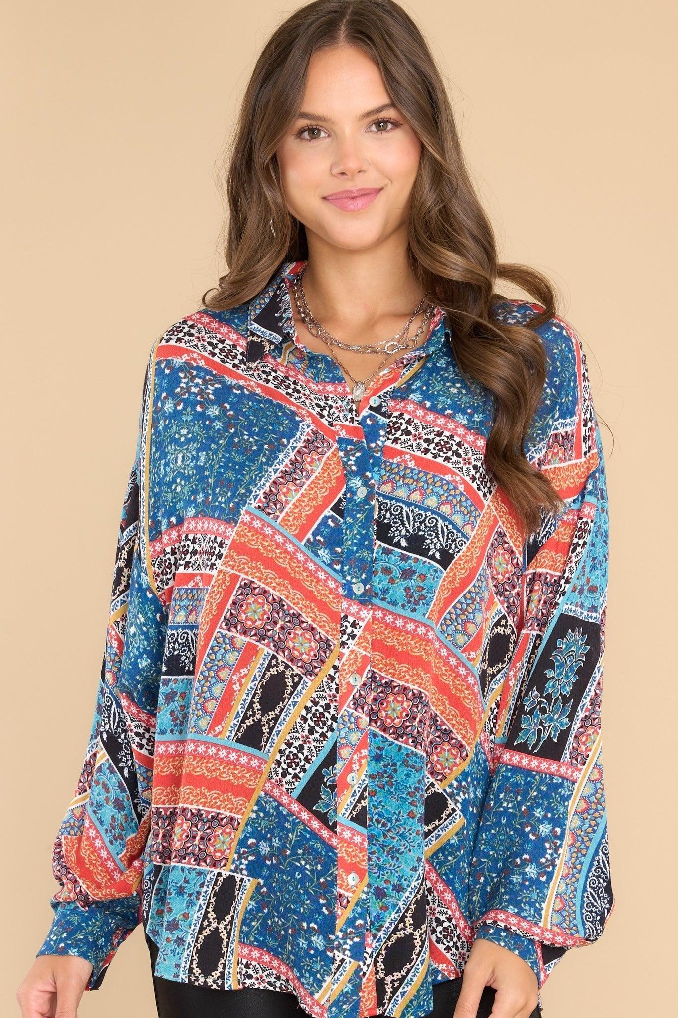 Aura Brave New World Blue Patchwork Print Top Teal Product Image