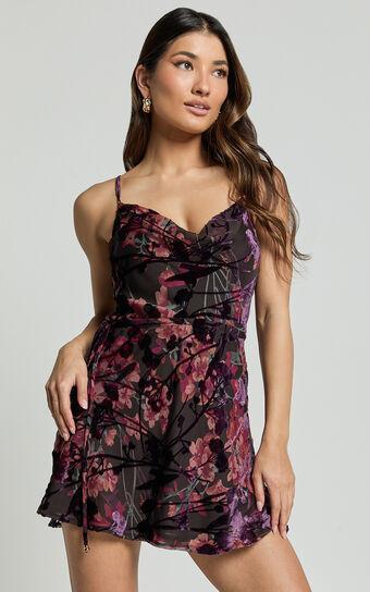 Mariana Mini Dress - Cowl Neck Drawstring Waist Slip Dress in Burn Out Floral Product Image