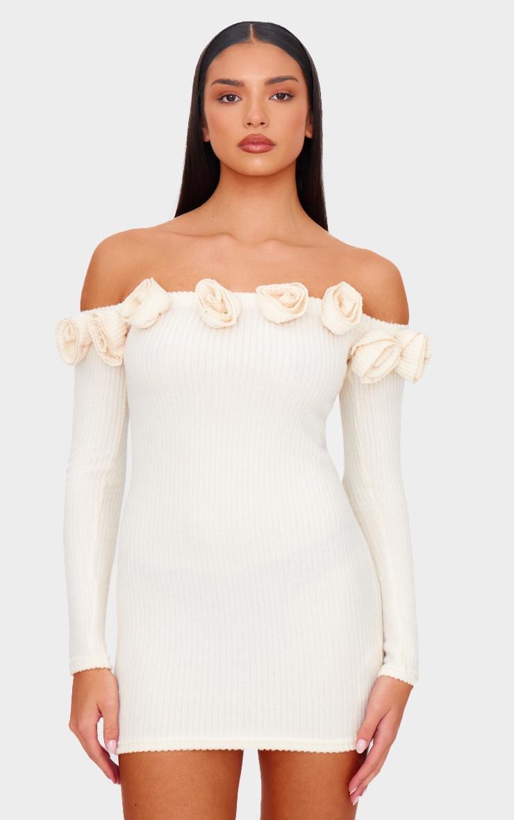 Cream Brushed Rib Corsage Detail Bradot Bodycon Dress product image