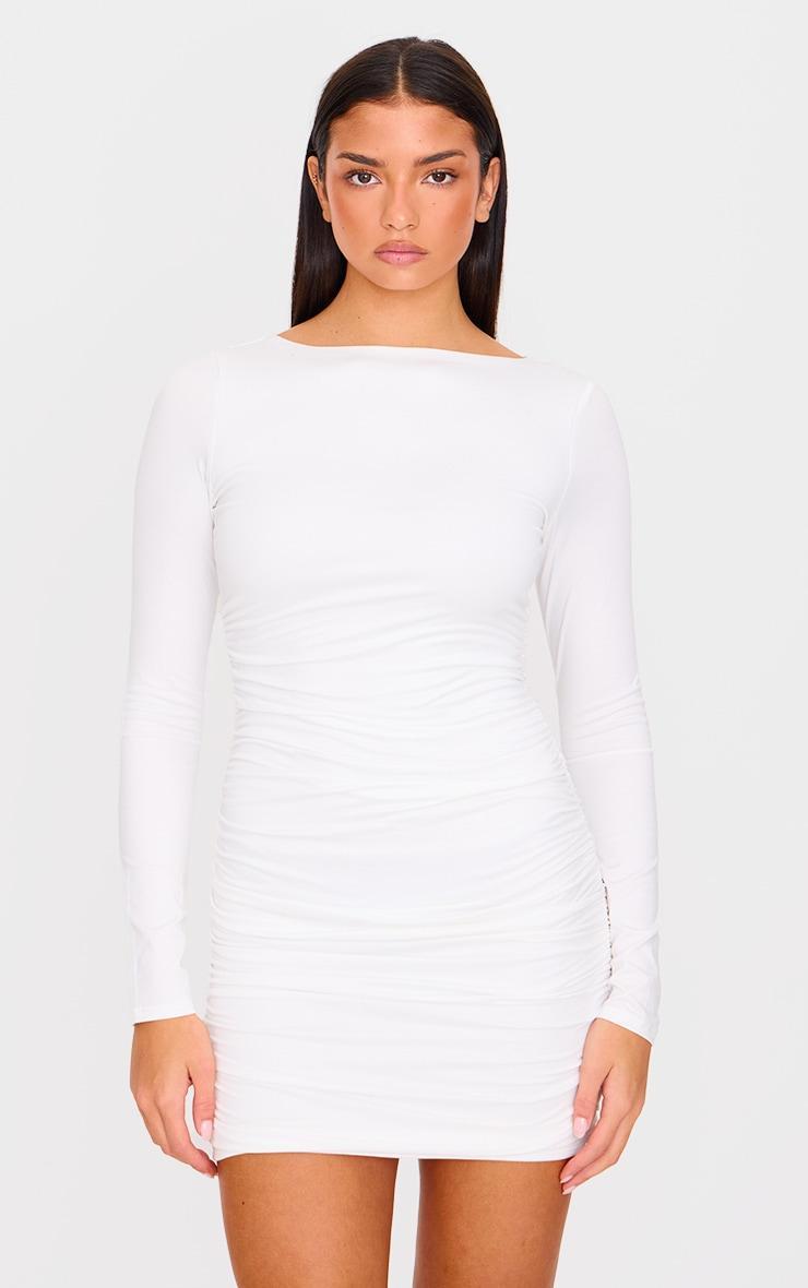 Cream Double Contour Ruched Detail Bodycon Dress Product Image