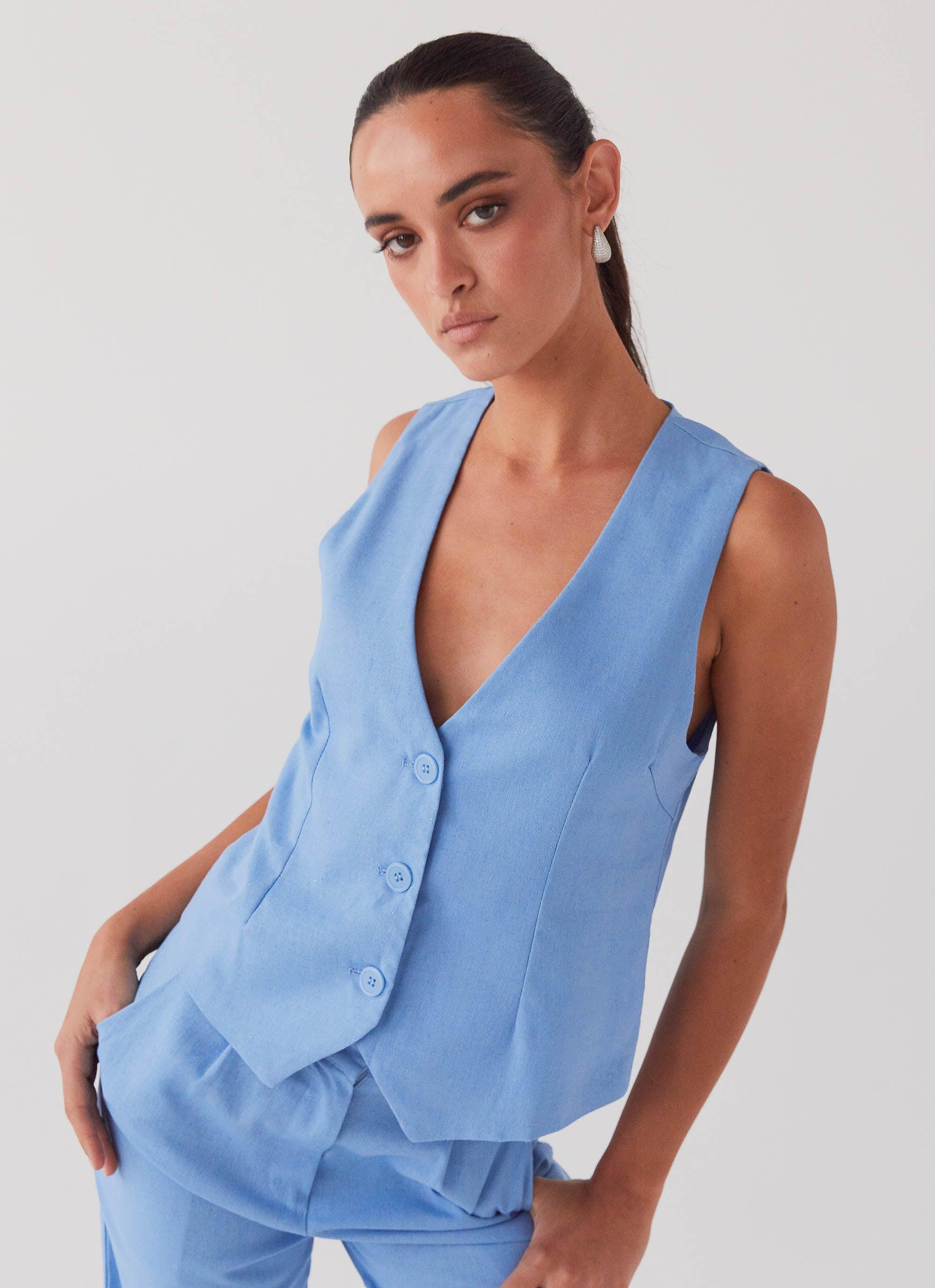 Cloud Dancer Linen Vest Top - Sea Breeze Product Image