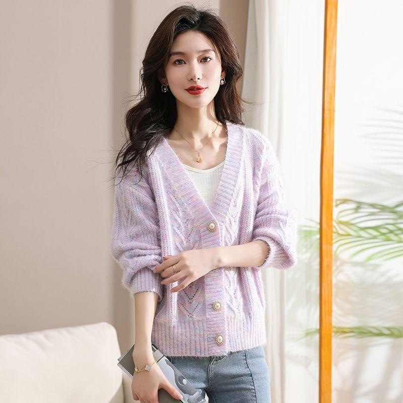 V-Neck Faux Pearl Button Cable-Knit Cardigan Product Image