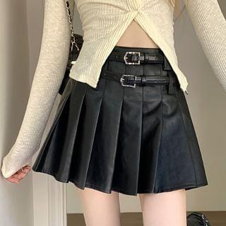 High Waist Plain Pleated Faux Leather Mini A-Line Skirt Product Image