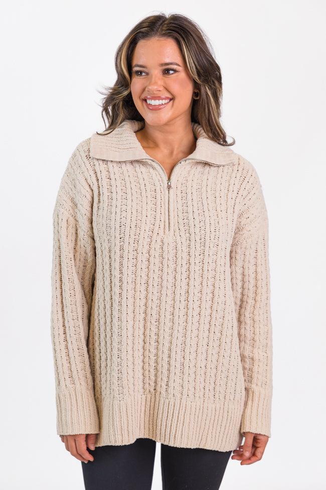 Forever Yours Beige Cable Knit Chenille Quarter Zip Sweater Product Image