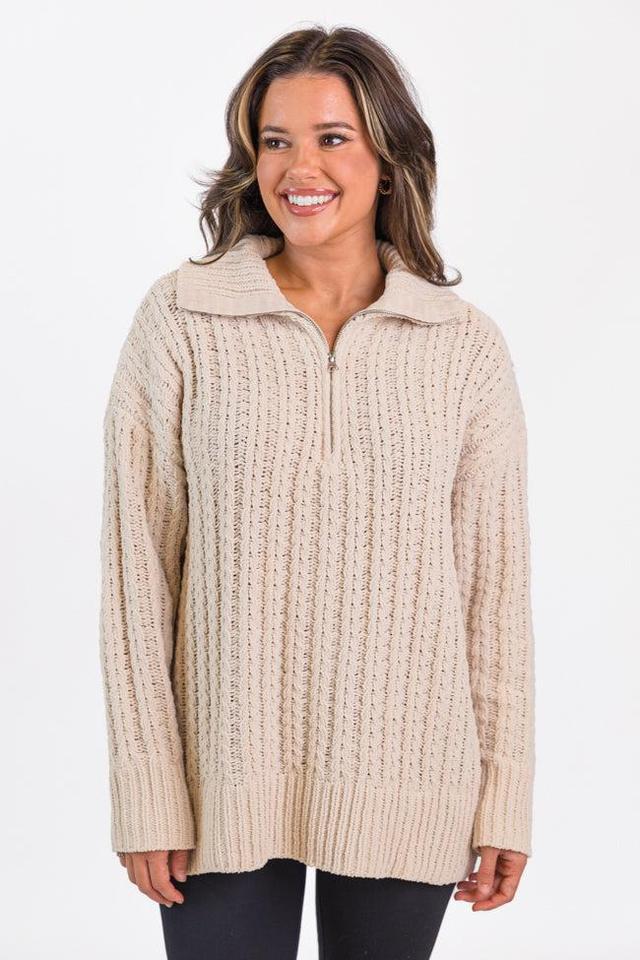 Forever Yours Beige Cable Knit Chenille Quarter Zip Sweater Product Image