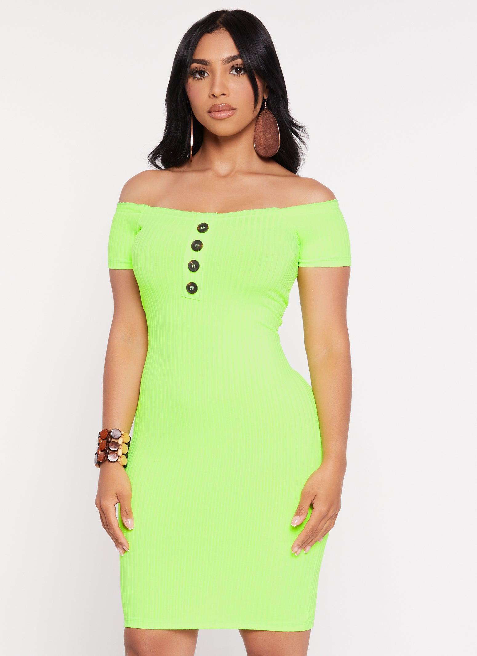 Womens Ribbed Button Detail Off the Shoulder Dress Product Image