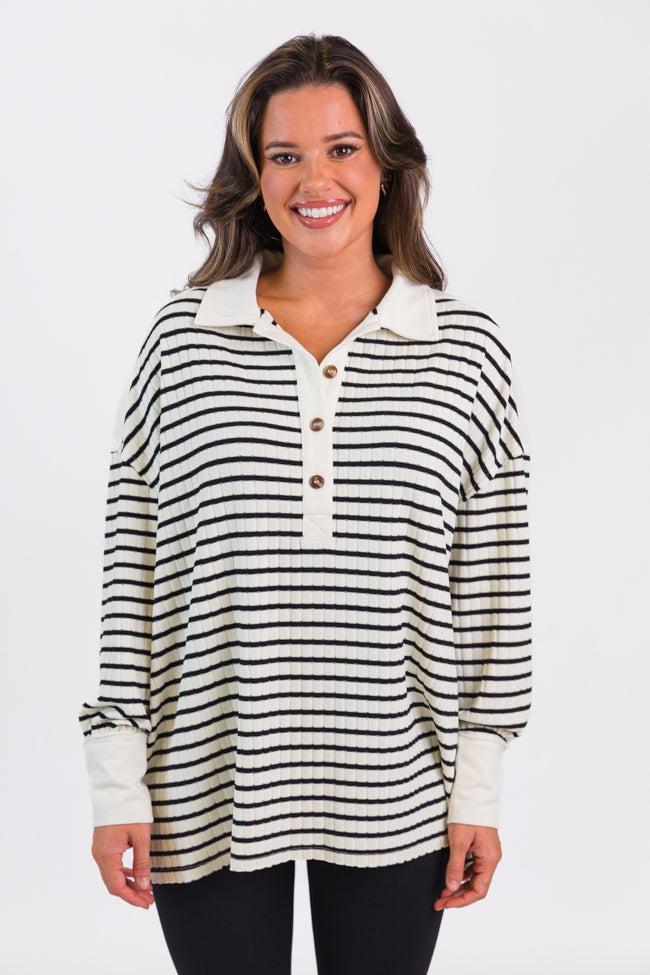 This Is The Life Black Striped Collared Henley Oversized Knit Top Product Image