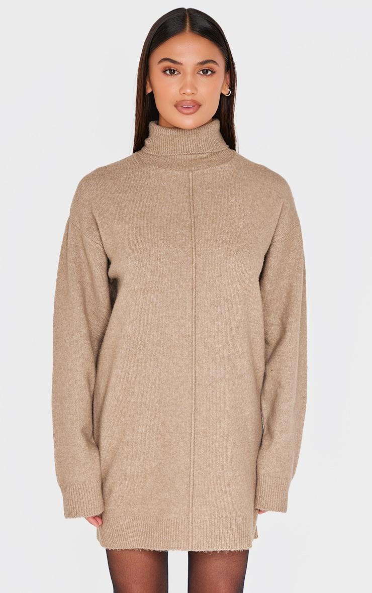 Light Mocha Soft Knit Roll Neck Oversized Seam Detail Sweater Dress Product Image