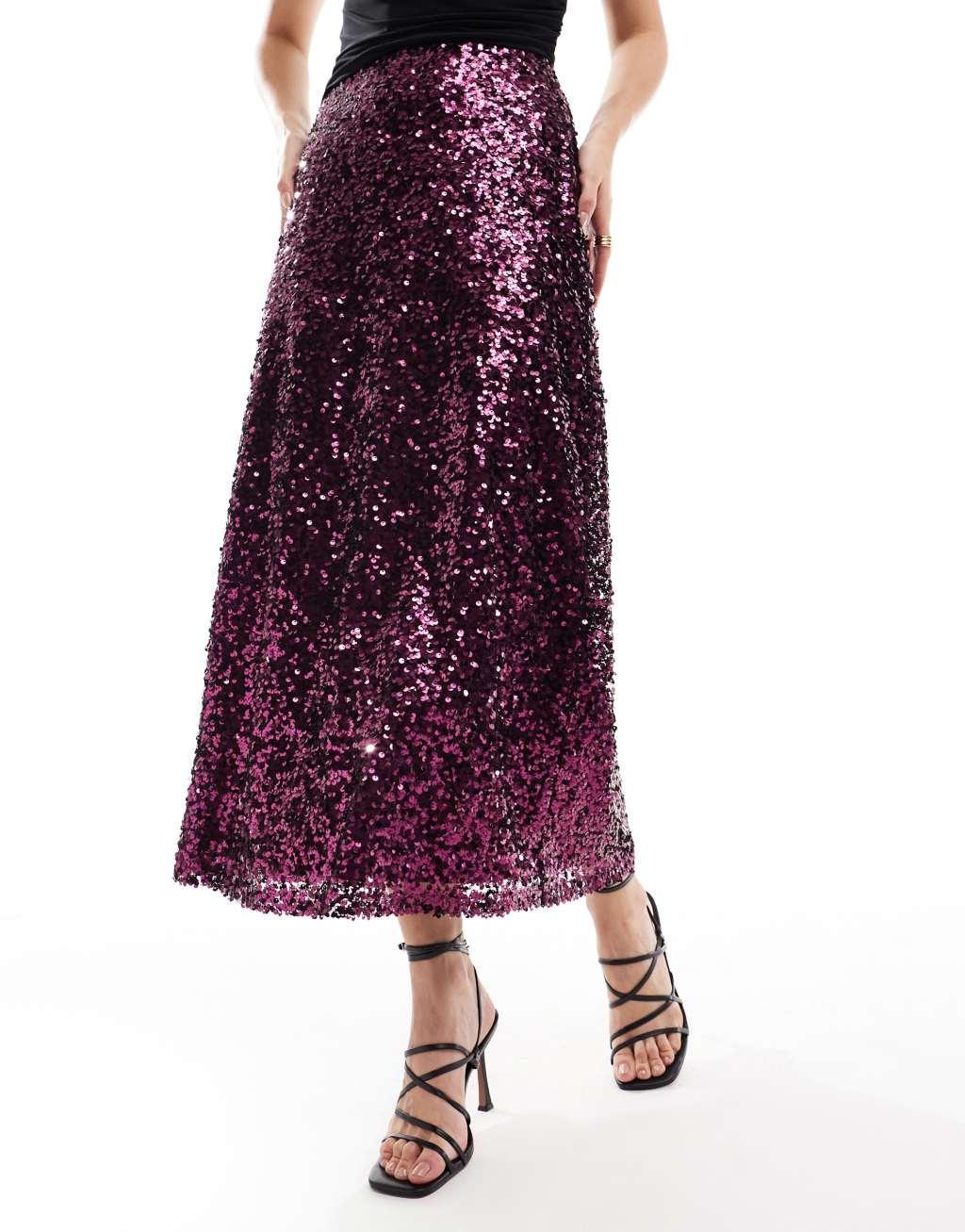 ASOS DESIGN sequin maxi skirt in burgundy Product Image