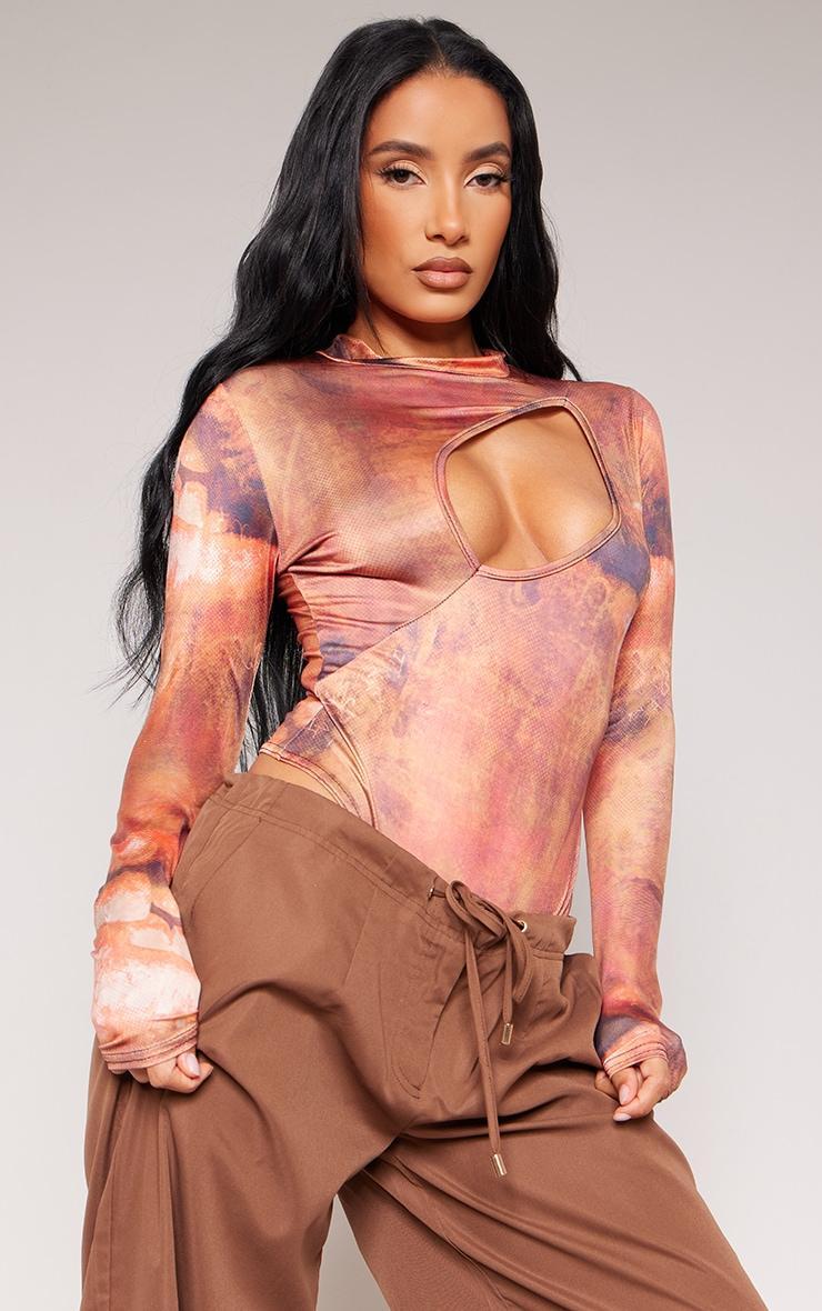  Brown Slinky Printed Cut Out Bodysuit Product Image