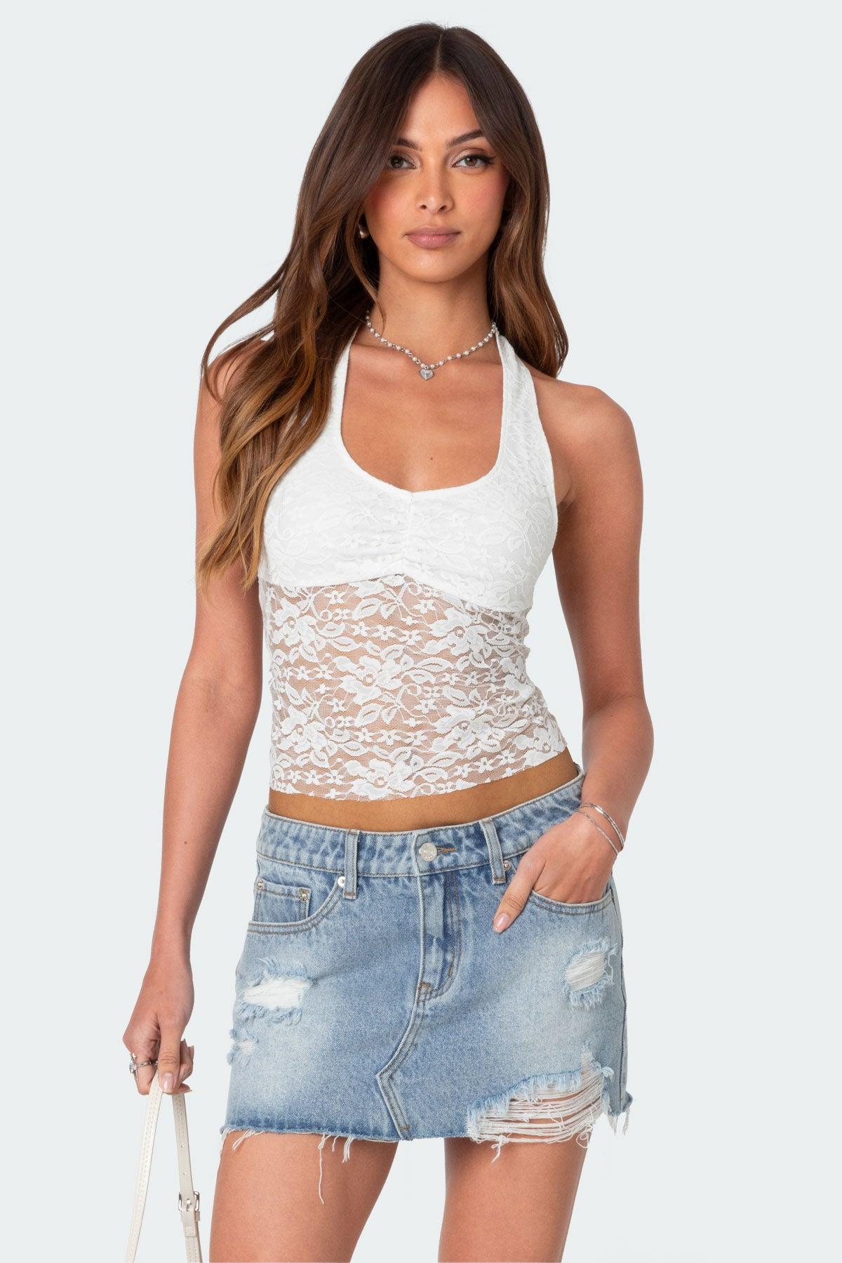 Tia Sheer Lace Halter Top Product Image