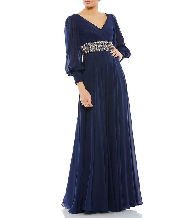 Mac Duggal V-Neck Long Sleeve Belted Gown Product Image