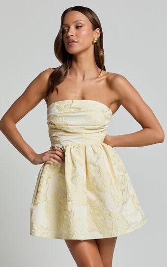 Laure Mini Dress - Strapless Jacquard Dress in Lemon Product Image