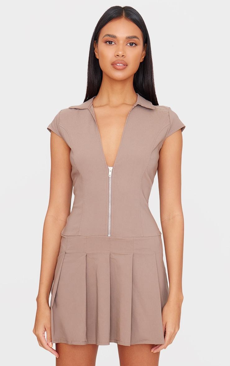 Taupe Zip Up Pleated Shift Dress Product Image