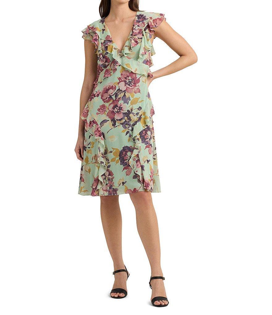 Lauren Ralph Lauren Petite Size Georgette Floral Ruffle Trimmed V-Neck A-Line Dress Product Image