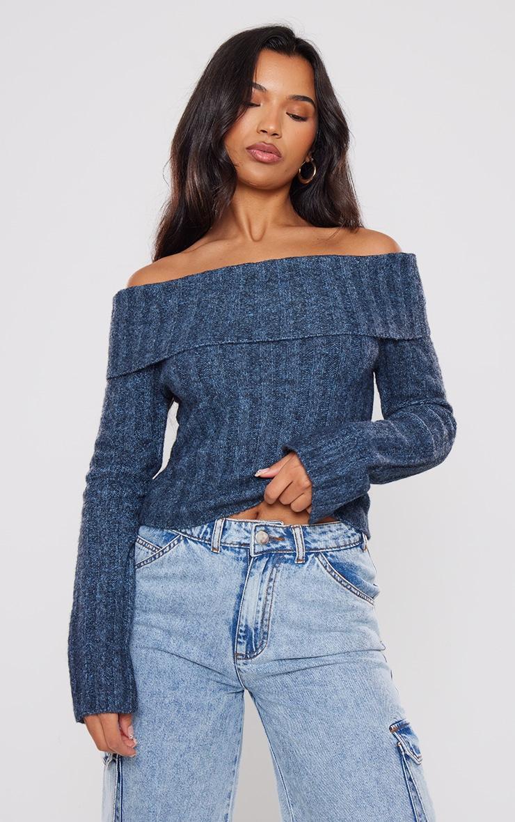  Charcoal Blue Luxe Knit Off The Shoulder Top Product Image