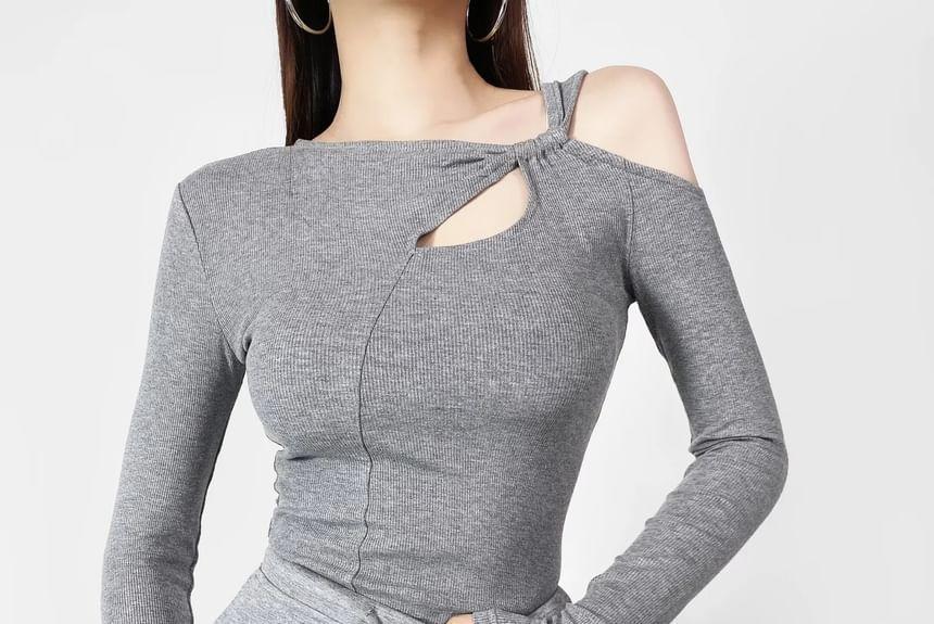 Long Sleeve Cold Shoulder Plain Cutout Top Product Image