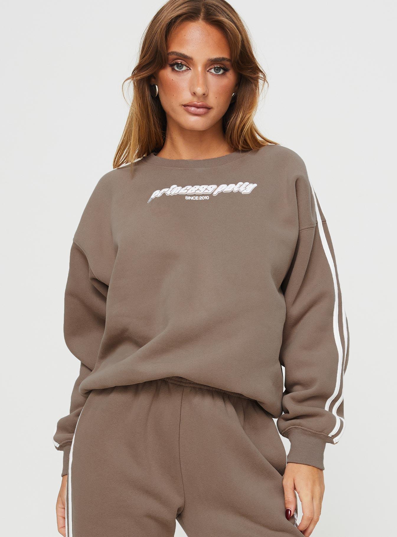 Princess Polly Crew Neck Sweatshirt Stripe Taupe / White Product Image