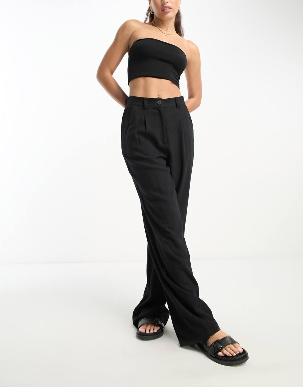 ASOS DESIGN Tall wide leg dad pants with linen in black  Product Image