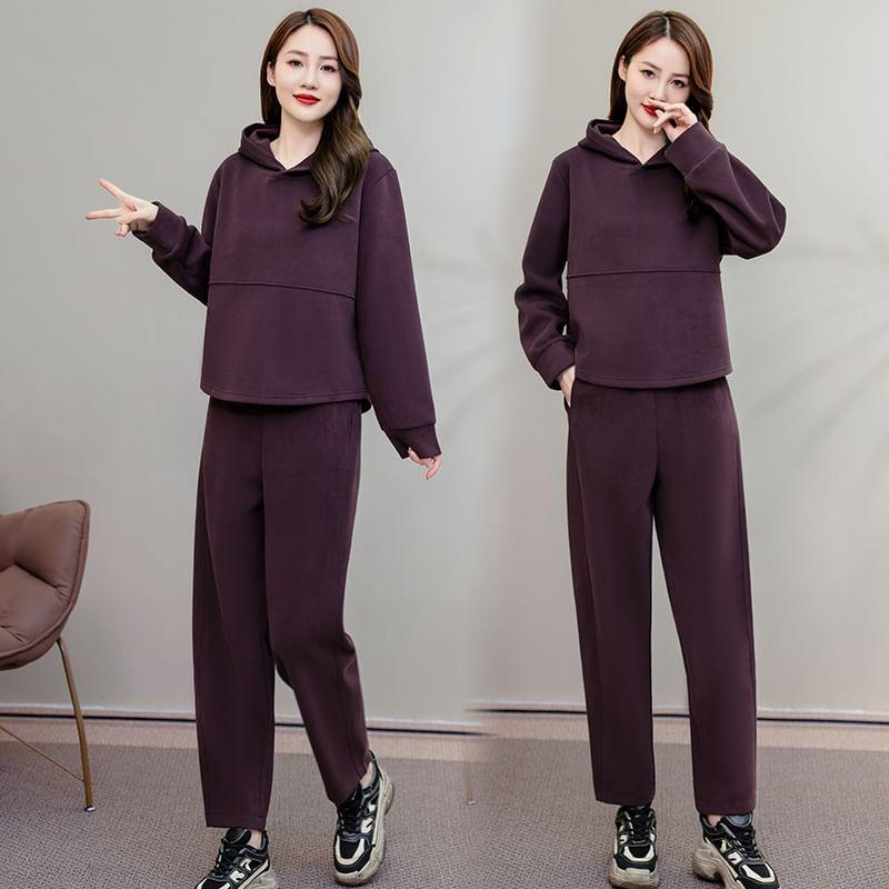 Set: Plain Hoodie + High Waist Cropped Harem Sweatpants Product Image