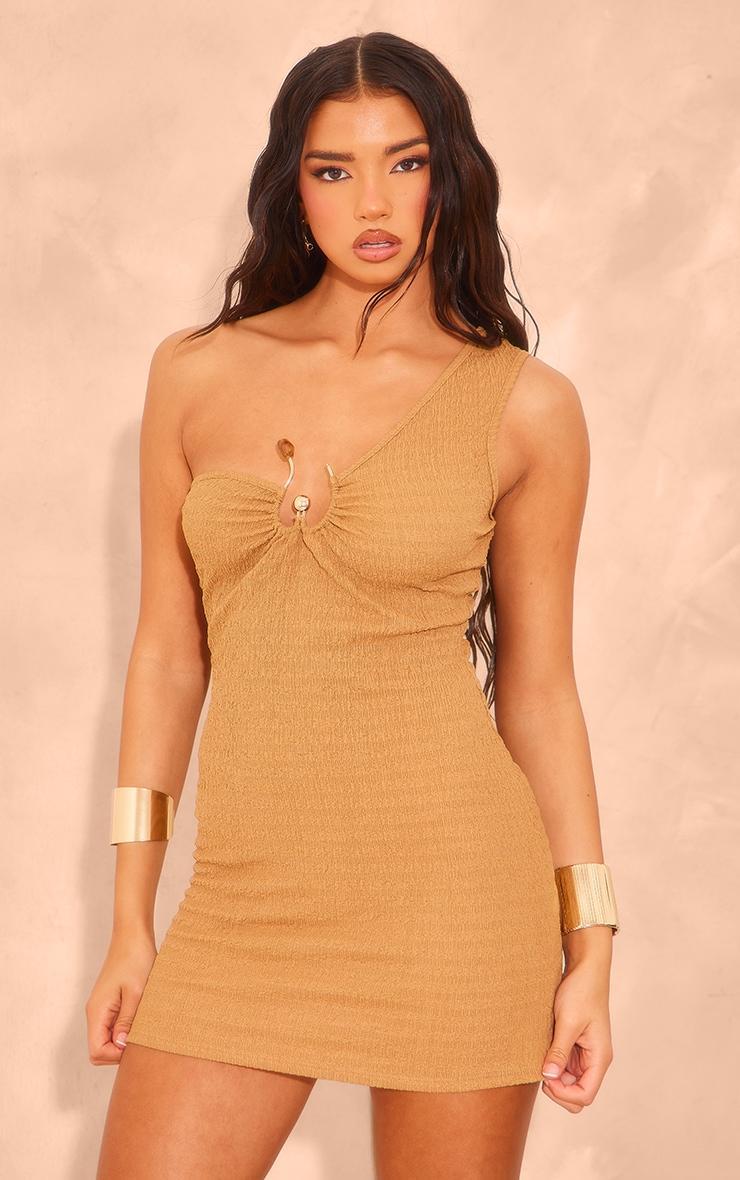 Camel Trim Detail One Shoulder Bodycon Dress Product Image