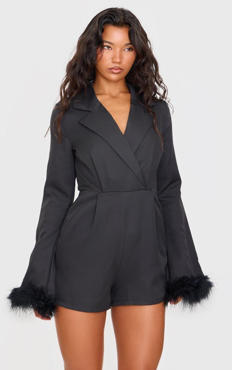 Black Feather Cuff Blazer Romper Product Image