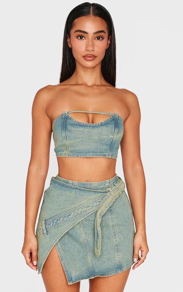 Petite Vintage Wash Denim Bandeau Crop Top Product Image