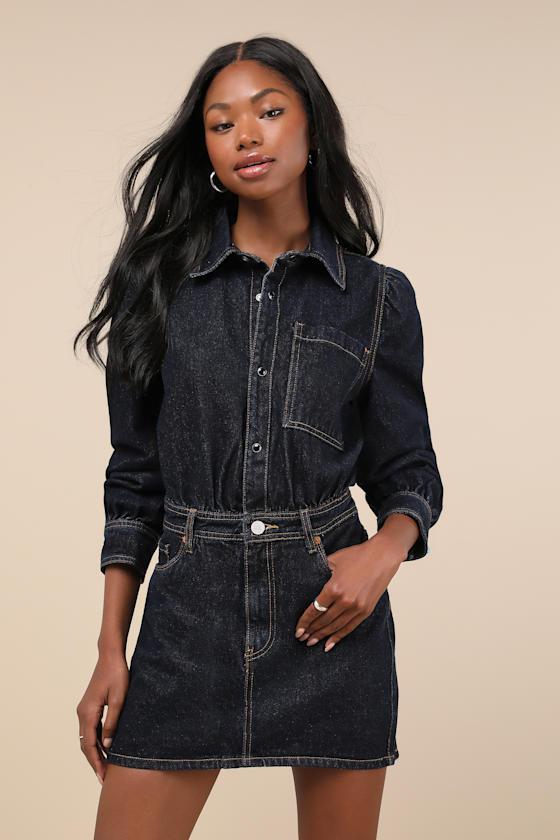 Perfectly Edgy Dark Wash Denim Collared Button-Front Mini Dress Product Image