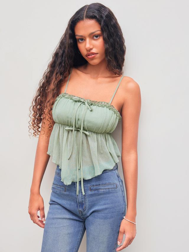 Chiffon Square Neck Solid Lettuce Trim Knotted Crop Cami Top Product Image