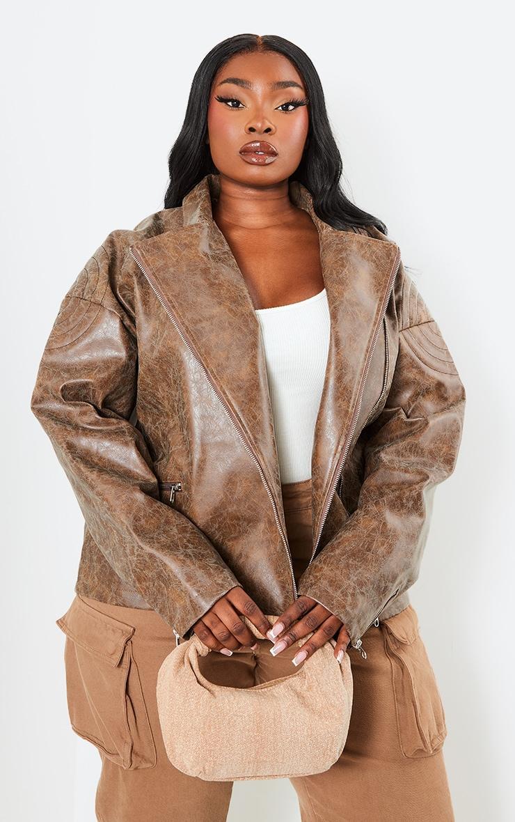 Plus Brown Oversized Faux Leather Distressed Look Biker Jacket Product Image