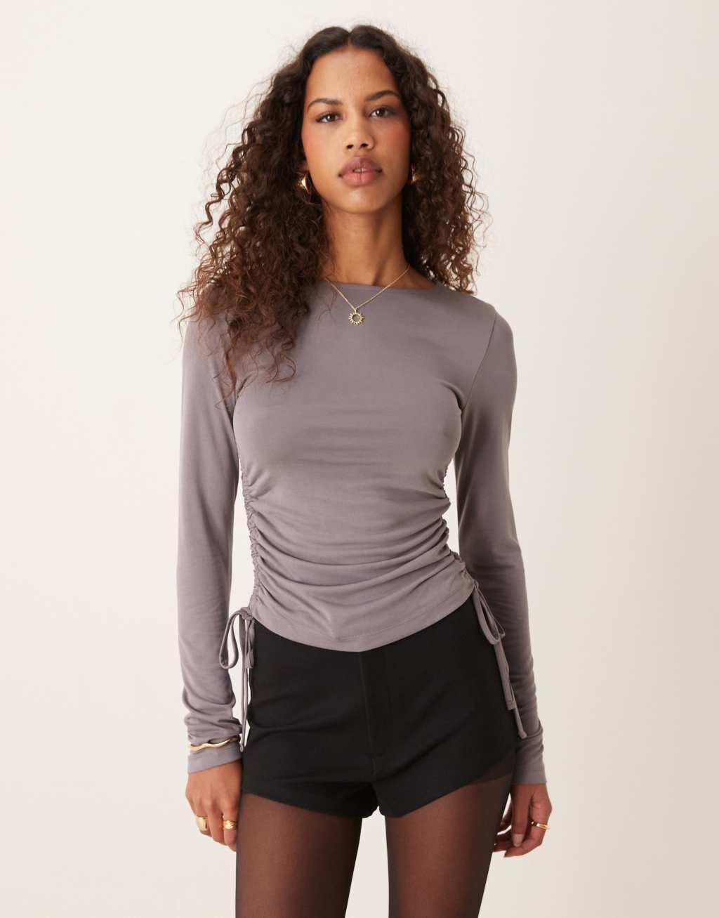 ASOS DESIGN premium modal long sleeve top with ruched sides in slate gray Product Image