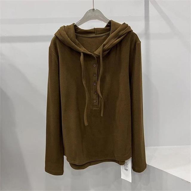 Long Sleeve Hooded Plain Henley Neck Oversized Top Product Image