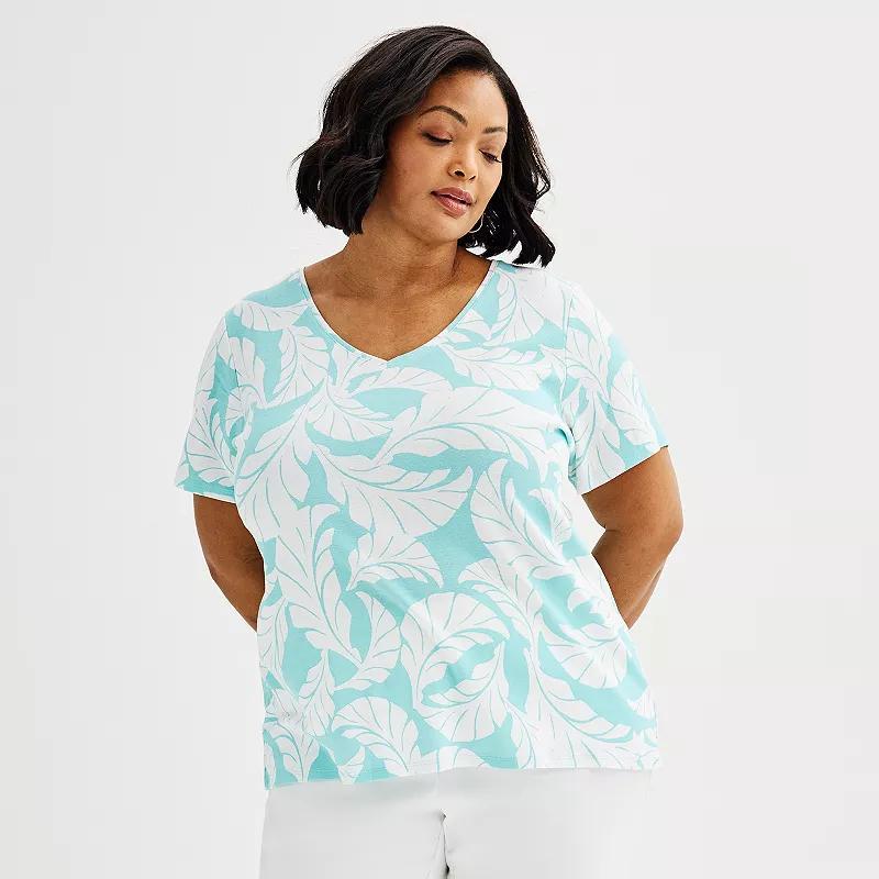 Plus Size Croft & Barrow Essential Print V-Neck Tee, Womens Med Blue Product Image