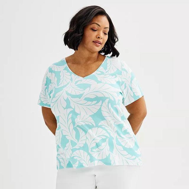 Plus Size Croft & Barrow Essential Print V-Neck Tee, Womens Med Blue Product Image