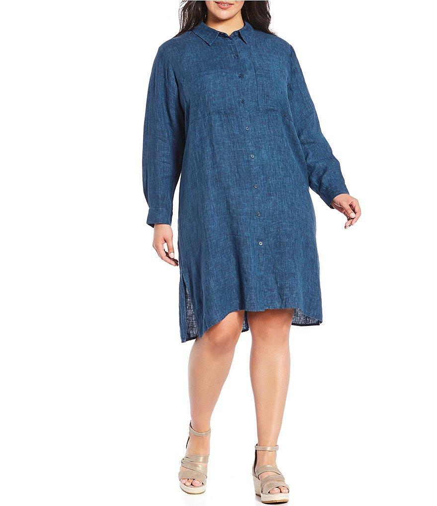 Eileen Fisher Plus Size Delave Organic Linen Point Collar Long Sleeve Button Front Shirt Dress Product Image