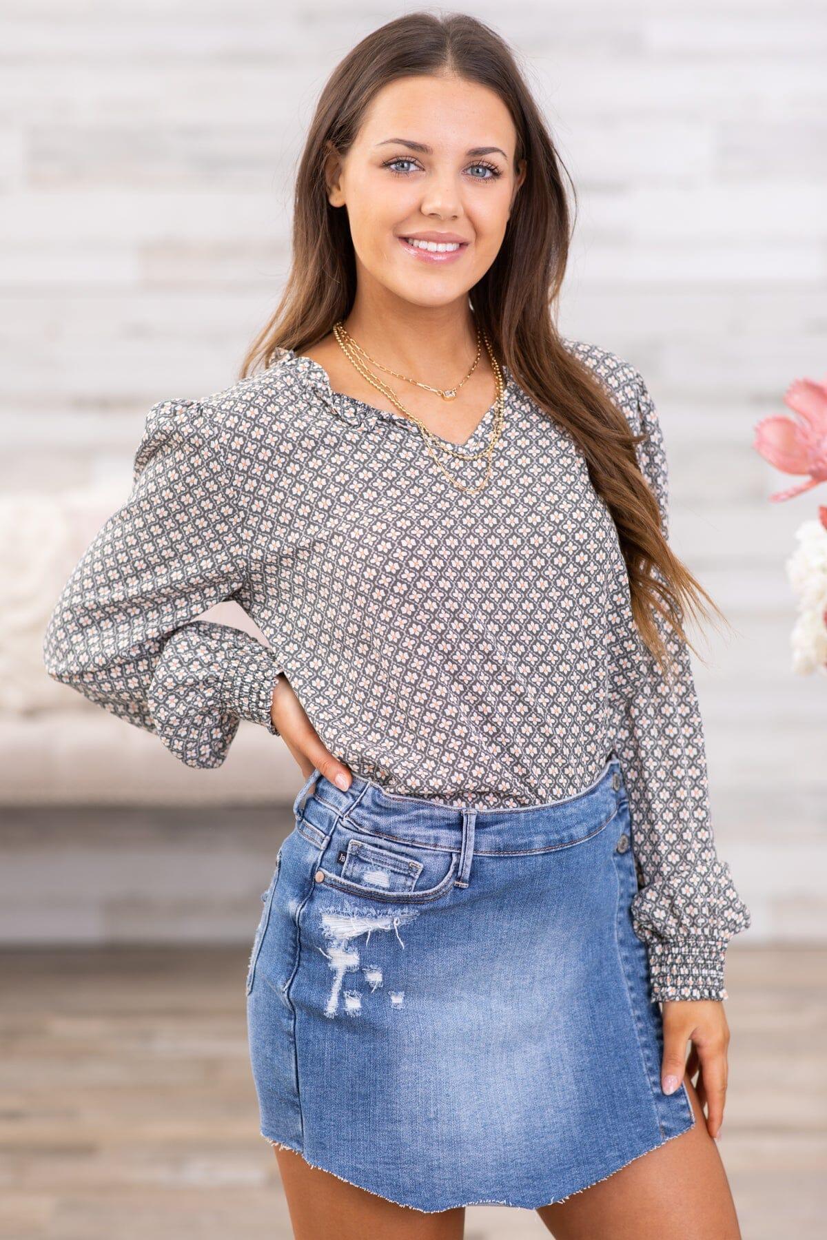 Grey Geometric Print Smocked Cuff Top product image