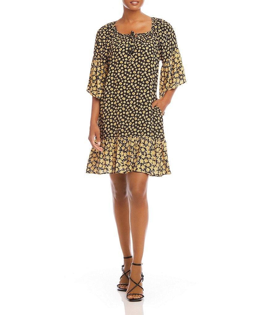 Karen Kane Woven Floral Print Square Neck 3/4 Bell Sleeve Contrast Ruffle Tiered Hem Pocketed Shift Dress product image