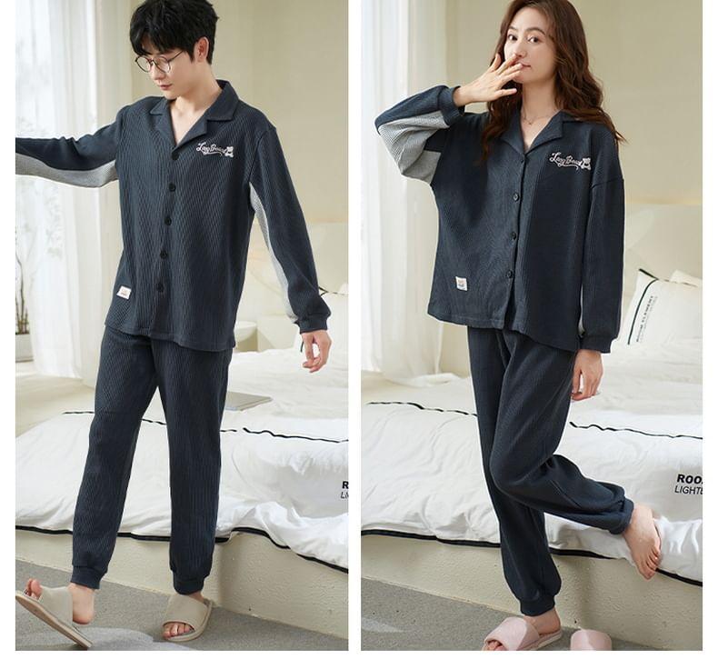 Couple Matching Loungewear Set : Long-Sleeve Color Block Bear Print Top + Pants Product Image