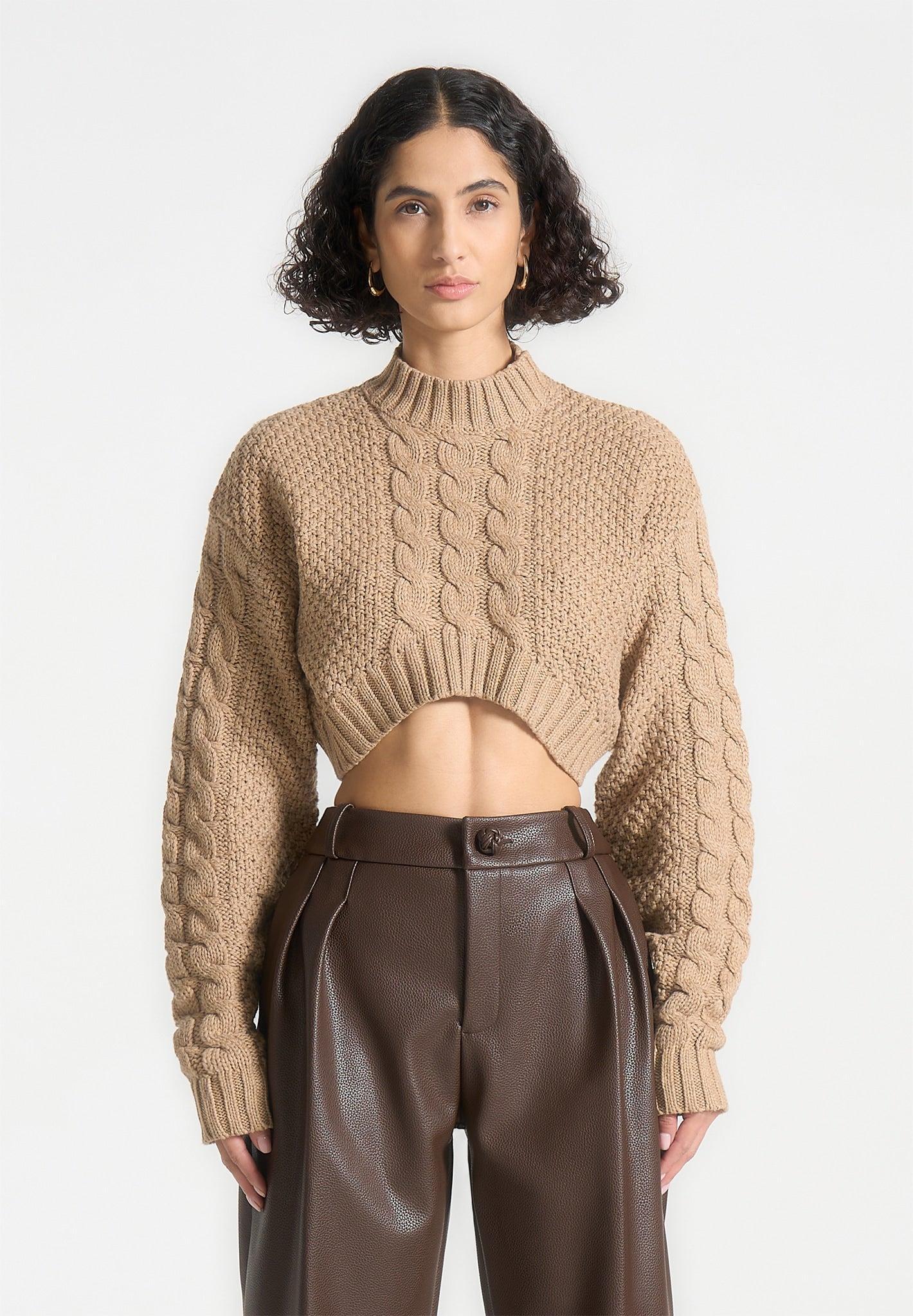 Cropped Cable Knit Jumper - Beige Female Product Image